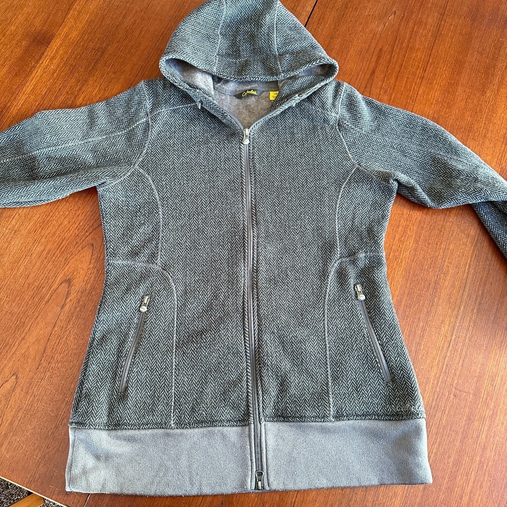 Cabelas Womens Jacket Gray Herringbone Fleece Hooded Long Sleeve Sz L Outdoors - Picture 2 of 16